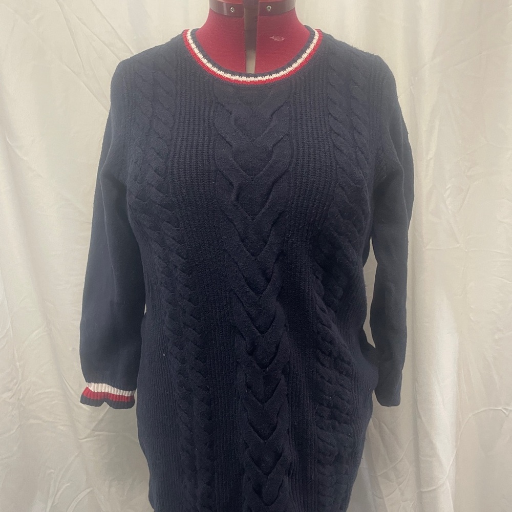 Navy Cable Knit Sweater dress with Red Accents